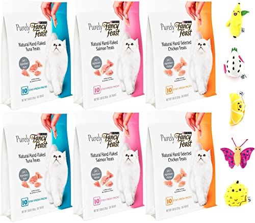 Aurora Pet Variety Pack (6) Purely Fancy Feast Natural Hand-Flaked Cat Treats (2 Tuna, 2 Salmon, 2 Chicken) with AuroraPet Cat Toy (Assorted)