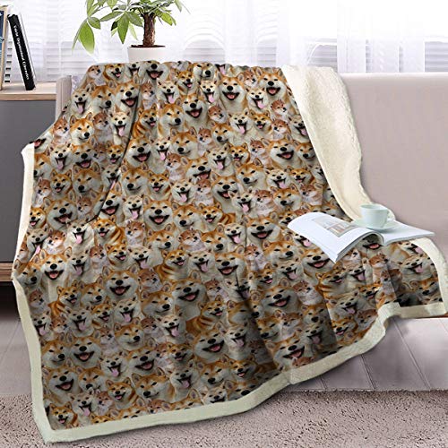 BlessLiving Fuzzy Dogs Blanket for Kids Adults Cute Puppy Fleece Blanket Reversible Animal Pattern Sherpa Throw (Shiba Inu,Twin, 60 x 80 Inches)