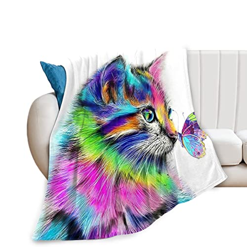 Cat Blanket for Girls Women Colorful Cat with Butterfly Throw Blanket Ultra Soft Cozy Fleece Cute Kitten Stuff Blanket for Kids ​Cat Lover Animal Gifts 40"x50"