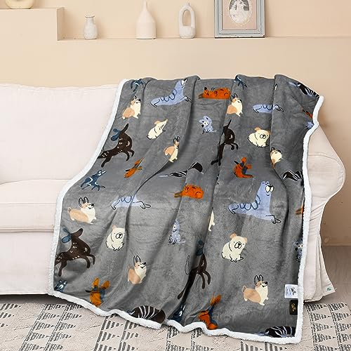 Catalonia Dog Print Sherpa Fleece Throw Blanket, Soft Mink Plush Couch Blanket, Fuzzy Fluffy Comfy Warm Throws, Comfort Caring Gift, 50x60 inches, Grey