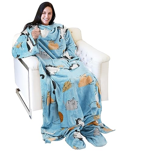 Catalonia Wearable Fleece Blanket with Sleeves and Foot Pockets for Adult Women Men, Micro Plush Comfy Wrap Sleeved Throw Blanket Robe Large, Blue Cat