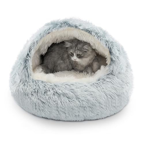 CATISM Cat Bed Cave for Indoor Cats, Cute Self Warming Covered Fluffy Donut Pet Bed, Calming Round Washable for Indoor Cats Cave, Enclosed Warm Kitten Bed, Gray(24 * 18 Inches)