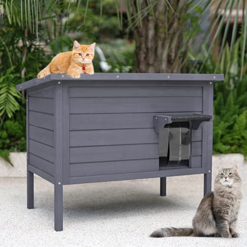 Ciokea Outdoor Cat House Weatherproof, Feral Cat House with Insulated All-Round Foam Wooden Cat Condos for Winter Outside, PVC Door Flaps(Grey)