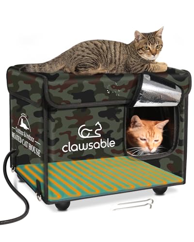 Clawsable Indestructible Heated Cat House for Outdoor Cats in Winter, Extremely Waterproof & Weatherproof, Insulated Outside Feral Cat House Shelter for Stray Barn Cat (Green Camo, Small Cuboid)