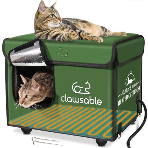 Clawsable Indestructible Heated Cat House for Outdoor Cats in Winter, Extremely Waterproof, Fully Insulated Outside Feral Cat House Shelter for Stray Barn Cat