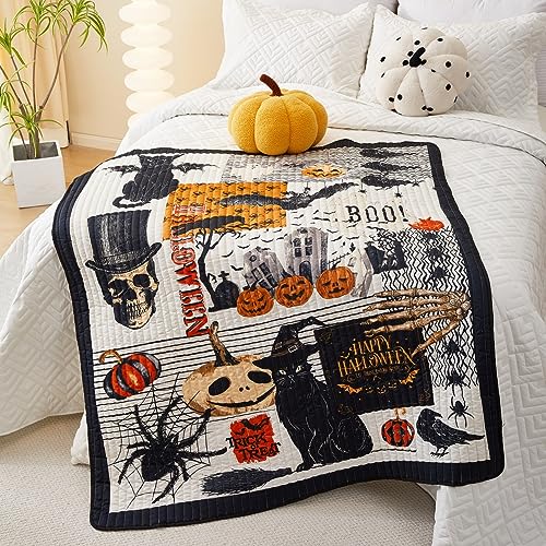 Cmfshape Halloween Throw Blanket 50"x60"-Pumpkin Black Cat Bat Blanket for Sofa,Bed,Couch and Travel-Halloween Decoration Cozy Bed Blanket for All Season(Black,Throw)