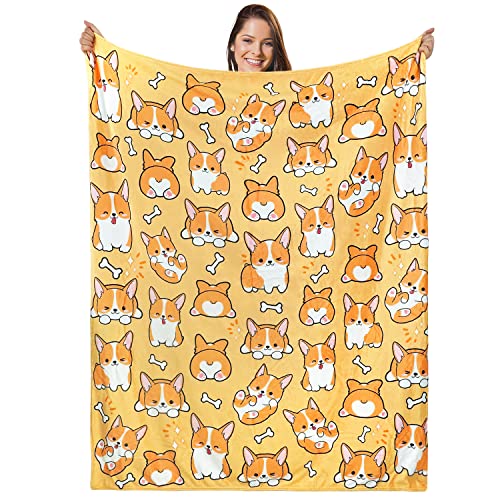 Corgi Blanket, Corgi Gifts for Women Corgi Lovers, Cozy Soft Dog Throw Blankets Orange, Cute Kawaii Cartoon Flannel Plush Blanket, Corgi Stuff Decor, 50x60 inch