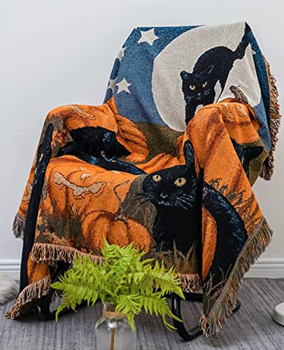 CUEERBOT Throw Blanket for Couch，Indie Room Decor Black Cat and Halloween Pumpkin Cotton Blanket (Orange, Small 51X63 Inches)