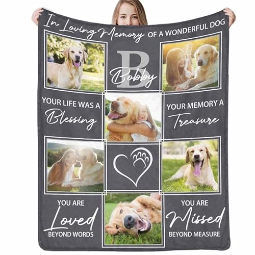 Custom Blanket with Dog Picture Name Personalized Text Blanket Photo Collage Blanket Memorial Gift Loss Dog Sympathy Remembrance Blanket Gift for Kids Pet Lover a Grieving Pet Owner I Love Dog