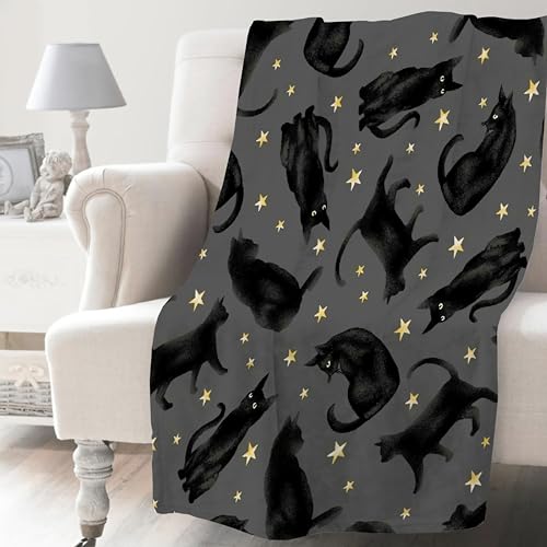 Cute Black Cats Blanket Gifts for Cat Lovers Girl, Halloween Throw Stars Plush Moon Blankets for Girls Women Lightweight Flannel Fleece Christmas Bedding for Chair Couch Bed Gift for Kids 40x50In