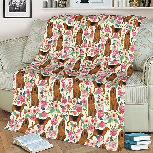 Cute Bloodhound Dog Puppy Lovers Rose Flowers Florals Print Blanket Throw Ultra Soft Light Anti-Pilling Cozy Flannel Funny Blankets for Bedroom Bed and Sofa Quilt 60"X50" Dogs Gifts for Boys & Girls