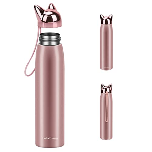 Cute Cat Water Bottle, Jhua Stainless Steel Insulated Water Bottles Vacuum Travel Coffee Mug for Kids Girls Women Leak-proof Cat Insulated Water Bottle, 320 ml/10.8 oz (Pink)