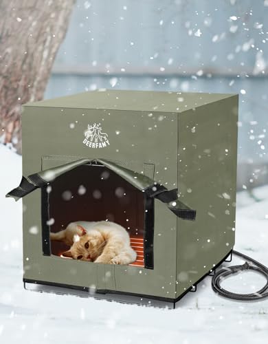 DEERFAMY Large Heated Cat House for Outdoor Cats in Winter, Elevated and Weatherproof, Insulated Cat House, Safe Pet House for Cat or Dog with Heated Pad&Carrying Bag,16''×19''×18'', Green