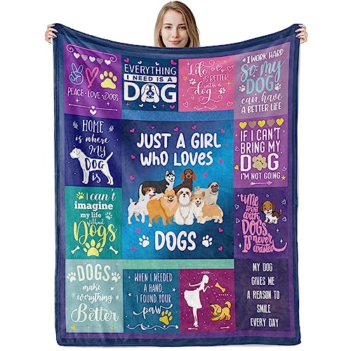 Dog Lovers Throw Blanket Gift for Girls, Just A Girl Who Loves Dogs Plush Flannel Blanket, Soft Cozy Cute Puppy Dogs Fluffy Fleece Blanket for Women Teen Girls Pet Lover Birthday Gifts, 50 x 60 inch