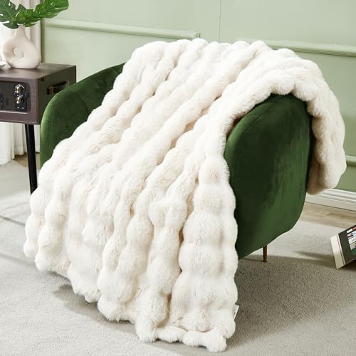 DREAMNINE Decorative Soft Thick Fuzzy Faux Rabbit Fur Throw Blanket for Couch Sofa, Reversible Plush Warm Fleece Fluffy Blanket for Winter, Luxury Cute Cozy Furry Blanket for Bed,50" x 60",Cream White