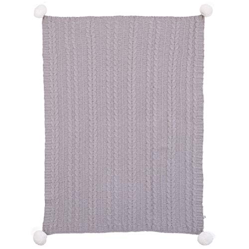 ED Ellen DeGeneres Starry Night - Super Soft Chenille Baby Blanket, Cable Knit with Pom Poms, Grey/White