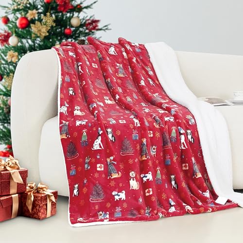 Elegant Comfort Reversible and Ultra-Plush Flannel Fleece-Winter Christmas Sherpa Throw- Lightweight Soft and Cozy-Holiday Decorative Throw, Perfect for Lounging, 50 x 60 inches, Winter Dogs