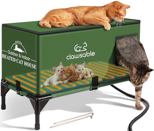 Elevated Base Heated Cat House for Outdoor Cat in Winter, Waterproof & Insulated Feral Cat House Weatherproof Heated Cat Shelter Kitty Bed with Pet Heating Pad, Warm House for Outside Stray Barn Cat