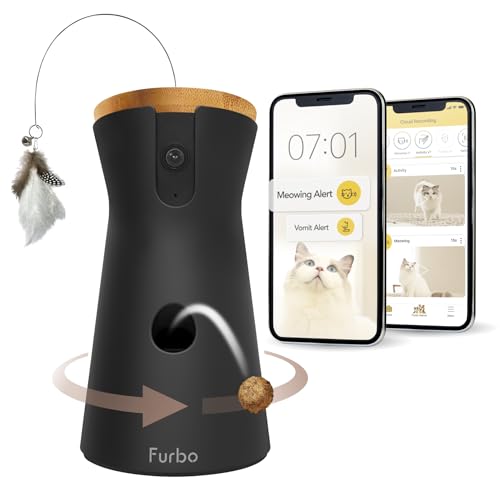 Furbo 360° Rotating Cat Camera Treat Dispenser w/Subscription Required: Home Emergency Alerts w/Phone App | 2-Way Audio, Cat Tracking, Color Night Vision Kitty Camera [Premium Safety Package 2023]
