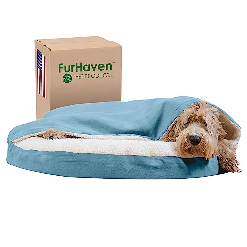 Furhaven 35" Round Orthopedic Dog Bed for Large/Medium Dogs w/ Removable Washable Cover, For Dogs Up to 50 lbs - Sherpa & Suede Snuggery - Blue, 35-inch