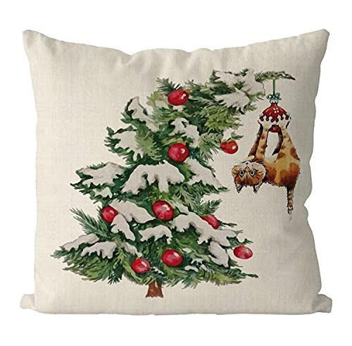 GAGEC Christmas Tree Pillows Cover Winter Merry Christmas Cat Throw Pillow Home Decorations 18 x 18 Inch Living Room Cushion Case for Sofa Couch