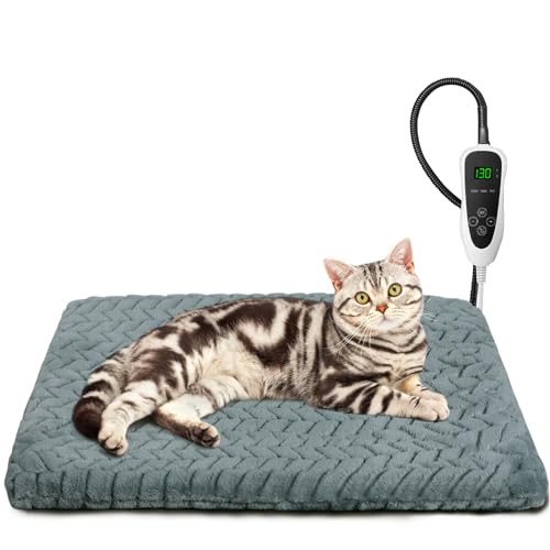 GASUR Heated Cat Bed, Waterproof Electric Pet Heating Pad for Dogs Cats with Timer, Dog Cat Bed for Winter with Temperature Adjustable,Auto Power-Off,Anti-bite Heated Pet Bed Indoor for Whelping Box