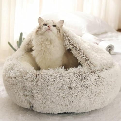 Geizire Small Dog Bed & Cat Bed, Round Donut Calming Cat Beds, Anti-Anxiety Cave Bed with Hooded Blanket for Warmth and Security - Very Small and Up to 6 Pounds