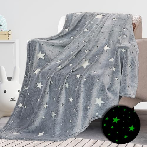 Glow in The Dark Blanket for Kids Unique Birthday Gifts for Girls Boys Teens Soft Cozy Warm Fuzzy Cute Throw Blanket All Seasons Gray Glowing Stars Blankets for Couch Sofa Bed 50"×60"