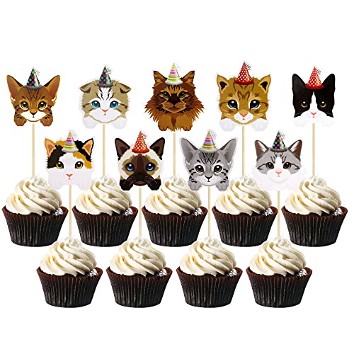 Gyufise 36Pcs Cat Cupcake Toppers Cats Face Cake Toppers Kitten Pet Theme Cake Decorations Stick Toothpicks Supplies for Cat Themed Birthday Party Favors Supplies Decorations