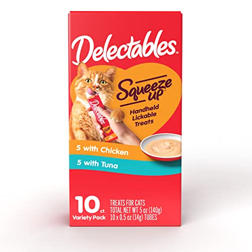 Hartz Delectables Squeeze Up Interactive Lickable Wet Cat Treats for Adult & Senior Cats, Chicken & Tuna, 10 Count,0.4 pounds