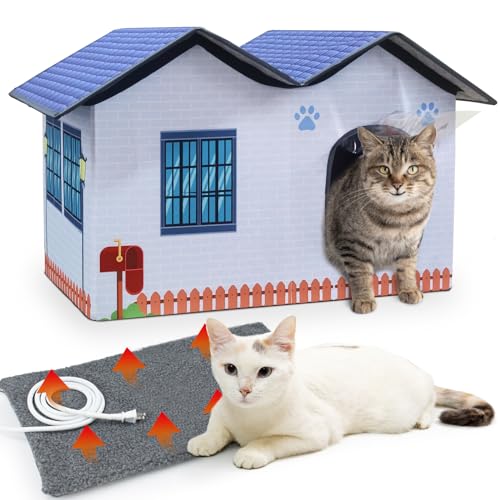 Heated Cat Houses for Indoor/Outdoor Cats with Heated Cat Bed Providing Safe Feral Cats, Easy to Assemble