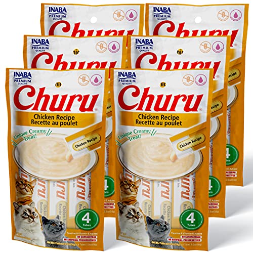 INABA Churu Cat Treats, Grain-Free, Lickable, Squeezable Creamy Purée Cat Treat/Topper with Vitamin E & Taurine, 0.5 Ounces Each Tube, 24 Tubes (4 per Pack), Chicken Recipe