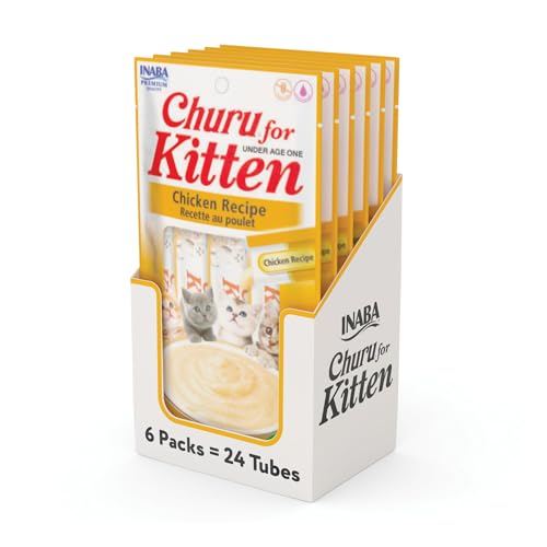 INABA Churu for Kittens, Grain-Free Creamy, Purée Lickable Cat Treats with DHA, EPA, Vitamin E & Taurine, 0.5 Ounces Each, 24 Tubes (4 per Pack), Chicken Recipe