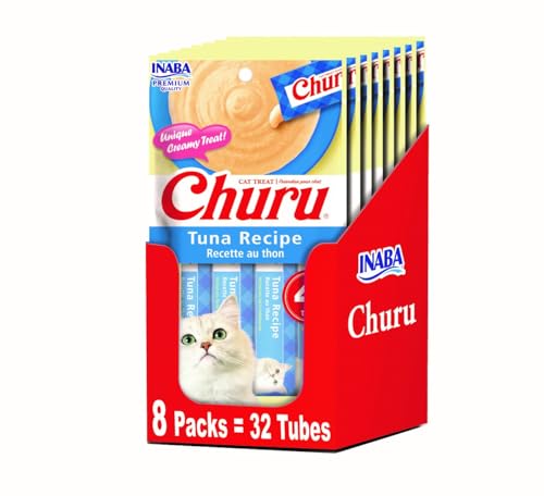 INABA Churu Lickable Purée Natural Cat Treats - Tuna Recipe (4 Servings per Package, 8 Packages) (32 Tubes)