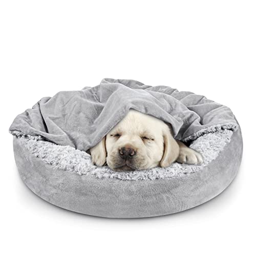 JOEJOY Small Dog Bed Cat Bed with Hooded Blanket, Cozy Cuddler Luxury Puppy Pet Bed, Donut Round Calming Anti-Anxiety Dog Burrow Cave Bed - Anti-Slip Bottom and Machine Washable 23 inch