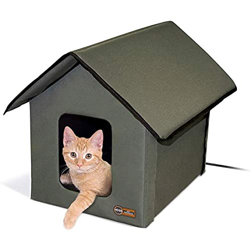 K&H Pet Products Outdoor Heated Kitty House, Outdoor Cat House for Outside Community Cats, Strays, and Ferals, Insulated Shelter, Warming Cold Weather House with Heated Pad for Winter, Olive/Olive