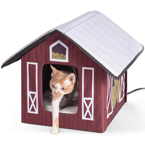 K&H Pet Products Outdoor Heated Kitty House, Outdoor Cat House for Outside Community Cats, Strays, and Ferals, Insulated Shelter, Warming Cold Weather House with Heated Pad for Winter, Barn Design