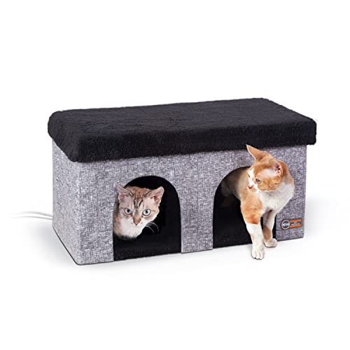 K&H Pet Products Thermo-Kitty Duplex Indoor Heated Cat House, Large Cat Cave for Pet Heated Cat House, Foldable Cat Hideaway Classy Gray 12 X 24 X 12