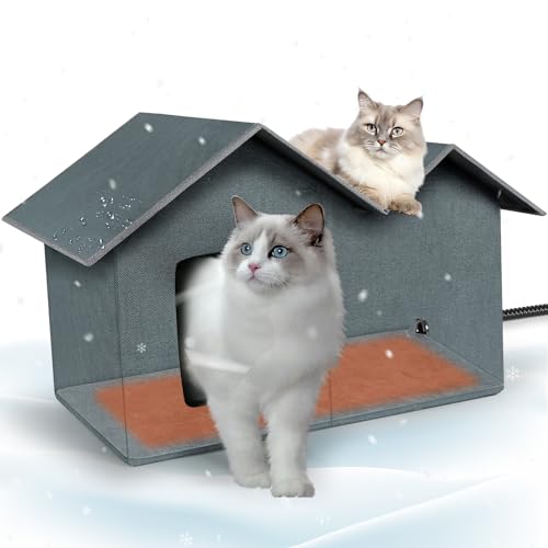 Large Heated Cat House for Outdoor Cats in Winter with Heating Pad, Heated Cat Houses for Outside Insulated Waterproof Weatherproof, Feral Cat Heated Shelter with Double Door for Stray Barn Multi Cats