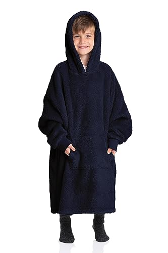 Mad Dog Kids Blanket Hoodie, Wearable Sweatshirt with Cozy Sleeves, Soft Fleece & Sherpa Designs, for Boys & Girls, Ages 4-13, Navy, 4-10 Y