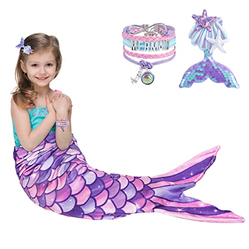 Mermaid Tail Blanket - Wearable Mermaid Soft Blanket with Hairpin Bracelet Soft Purple Flannel Snuggle Blanket Gift for Girls Birthday Christmas