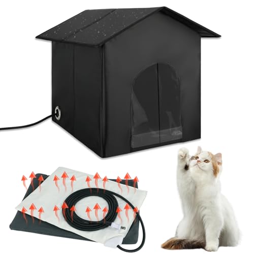 Midollarle Heated Outdoor Cat House Double Door Heated Cat Shelter, Weatherproof Foldable Heated Kitty House with Cat Heating Pad Bed for Feral Barn Cat Kitty Puppy (with Instructions)