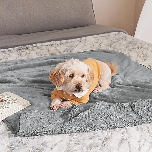 NICETOWN Waterproof Dog Blanket Bed Cover Dog Sherpla Fleece Cozy Plush Pet Bed Blanket Large Dog Blanket for Couch Sofa Floor Protecting, Pet Day for Pet Lovers Present, 50" W x 60" L, Light Grey