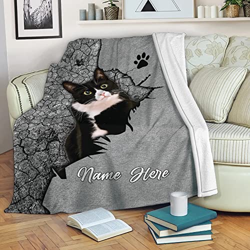 OhaPrints Custom Tuxedo Cat Crack Pattern Unique Gifts for Cat Lovers Personalized Name Soft Sherpa Throw Blankets Cozy Fuzzy Fleece Throws for Tv Sofa Couch Comfy Fluffy Blanket 30X40 50X60 60X80