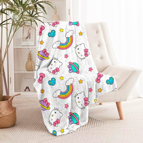 ORGANISET | 50"x 40" | Cute Cartoon Throw Blanket Anime Blanket for Girls, Hello Kitty Blanket for Kids, Kawaii blanket, Hello kitty throw blanket, Super Soft Warmful Flannel Blanket for Couch (White)