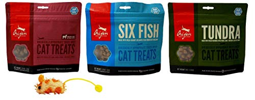ORIJEN Freeze-Dried Cat Treats 3 Flavor Variety with Catnip Mouse Toy Bundle, 1 Each: Whole Prey Lamb Liver Tripe, Six Fish, Tundra (1.25 Ounces)