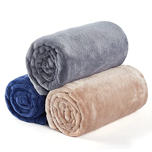 Pawque Dog Blankets for Puppy, Small, Medium Dogs Cats 30" x 40" Pack of 3, Sherpa Fleece Pet Blanket Fluffy Soft Dog Throw for Couch Protection Car Bed, Grey/Khaki/Navy Blue