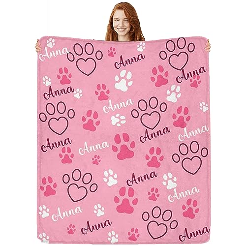 Personalized Paw Print Dog Blanket With Pets Name, Custom Pet Name Blanket for Small Dogs, Flannel Puppy Blanket, Dog Memorial Gifts for Loss of Dog, Pet Loss Sympathy Remembrance Gifts