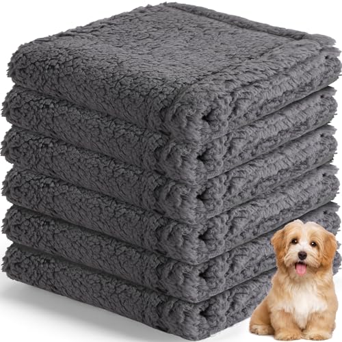 Peryiter 6 Pack Fleece Puppy Blanket Pet Blanket for Small Animals 20 x 30 Inch Dog Cat Throw Blankets Fluffy Blankets Small Blankets for Bed, Sherpa Furniture Couch Cover Protector(Gray)