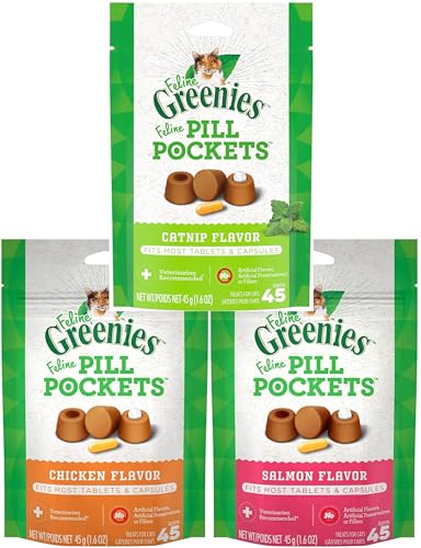 Pet Faves (3 Flavors) Feline Pill Pockets for Cats Natural Soft Cat Treats, Chicken, Salmon, and Catnip Flavor, 1.6 oz. Pack (45 Treats Each)